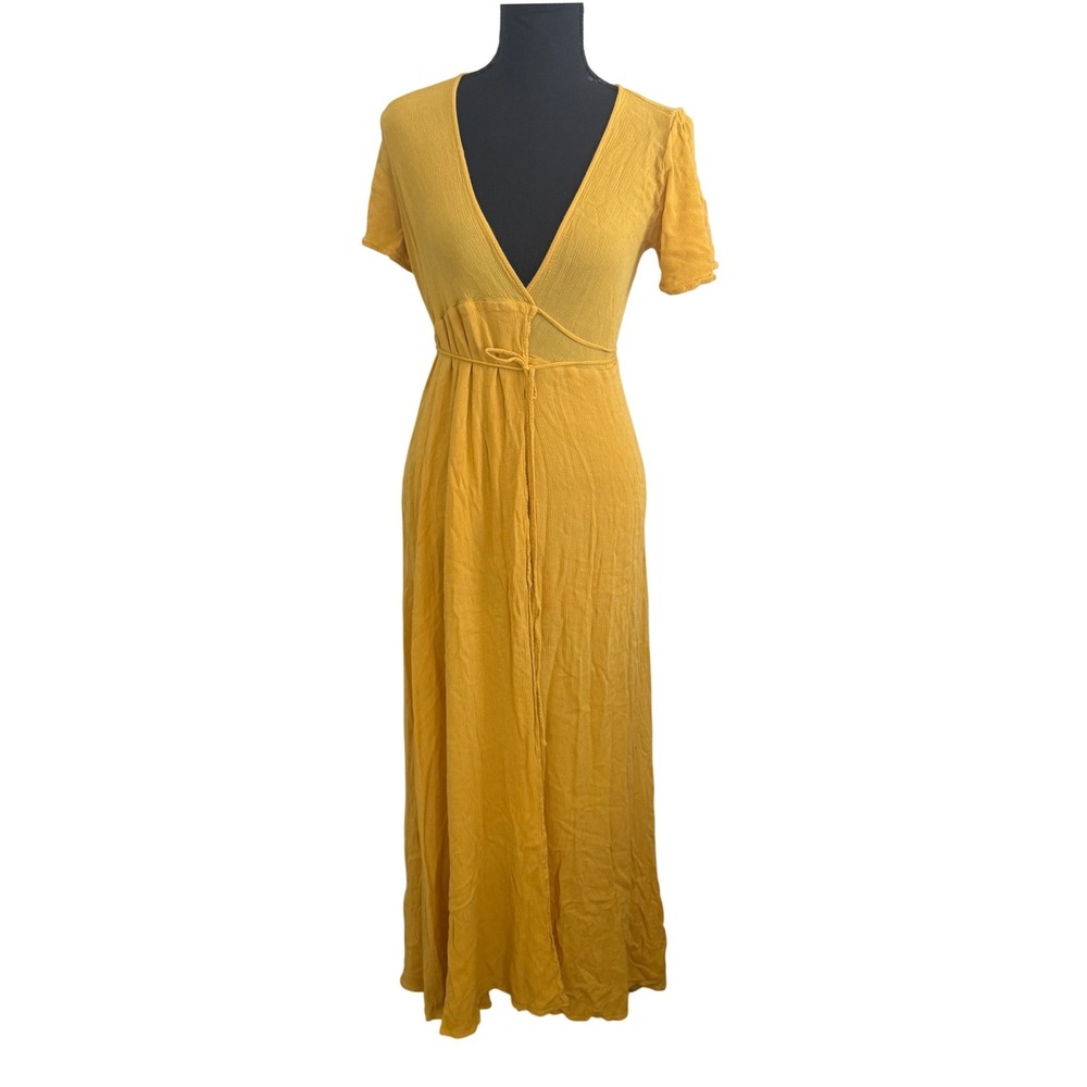 Lulus Womens Much Obliged Wrap Maxi Dress Small Golden Yellow Wedding  Resort